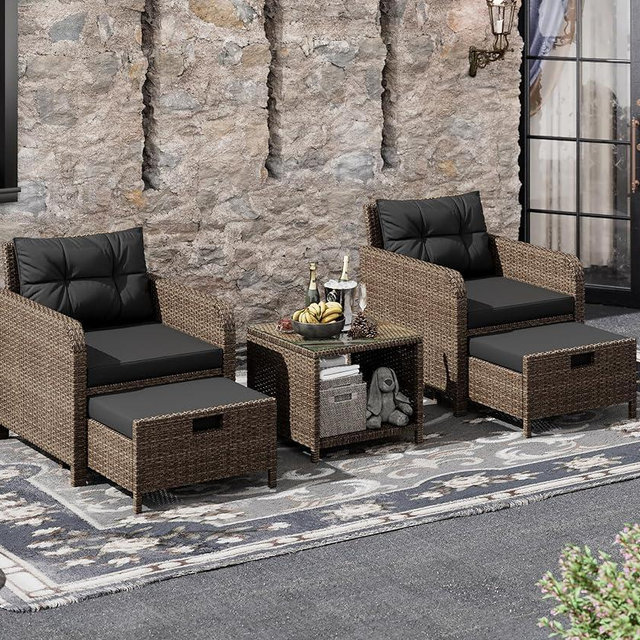 LHBcraft Balcony Furniture 5 Piece Patio Conversation Set, PE Wicker Rattan Outdoor Lounge Chairs with Soft Cushions 2 Ottoman&Glass Table for Porch, Lawn