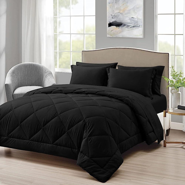 Love's cabin Full/Queen Comforter Set Black, 7 Pieces Queen Bed in a Bag, All Season Full/Queen Bedding Sets with 1 Comforter, 1 Flat Sheet, 1 Fitted Sheet, 2 Pillowcase and 2 Pillow Sham