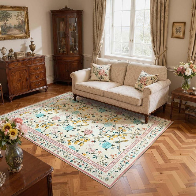 jinchan Floral Area Rugs 5x7, Indoor Flower Machine Washable Rug Non Slip, Soft Lightweight Low Pile Netural Bird Carpets for Living Room Bedroom Playroom, Beige/Pink