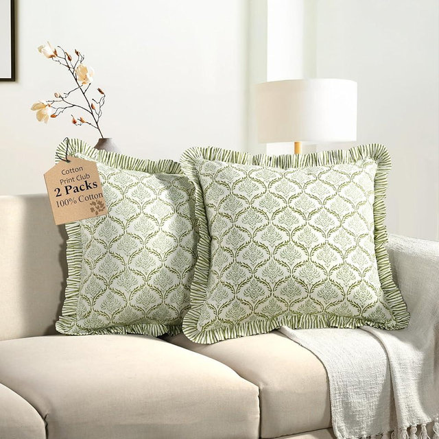 CPC Fern Regal Hand Block Print 100% Cotton Ruffle Throw Pillow Cover 24x24 inch with Hidden Zipper Decorative for Couch, Bed, Sofa, Farmhouse, Cottagecore Decor Gift Christmas Fall Thanksgiving