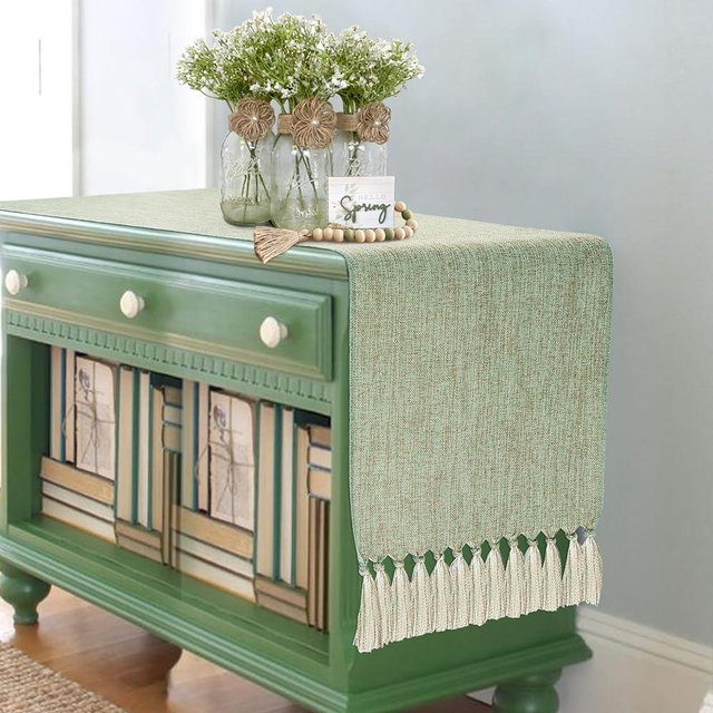 yuboo Sage Green Table Runner with Tassels, Coffee Table Runners 72 Inches Long, Rustic Farmhouse Dresser Runners for Bedroom, Dining, Spring Table Decor, Linen Style(13x72 Including Tassels)