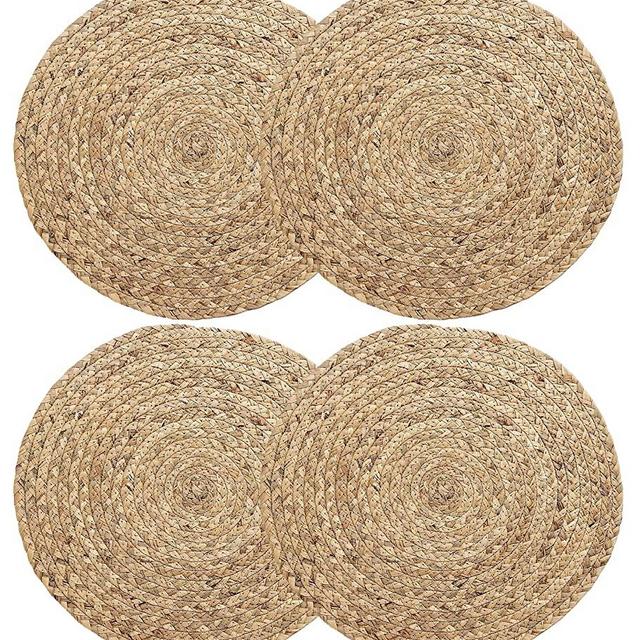 4 Pack Woven Placemats-Natural Wicker Placemat-Round Braided Place Mats Water Hyacinth Tablemats-Heat Resistant Non-Slip Wicker Chargers for Wedding Holiday Dinner(13.8 inch)