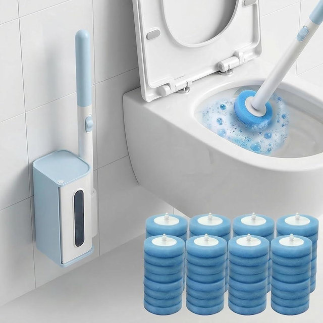 Disposable Toilet Brush and Holder Set with 68 Refill Heads, Economical Home Toilet Cleaner Wand for Easy Refill Replacement, Compact Hygienic Toilet Bowl Brush for House Bathroom