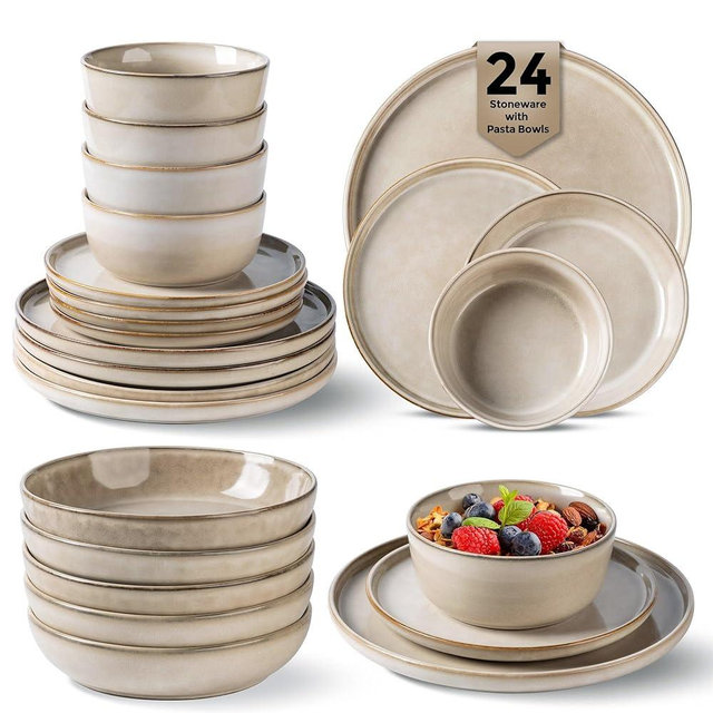 GBHOME 24 Pieces Double Bowls Ceramic Dinnerware Sets for 6, Stoneware Plates and Bowls Set with Reactive Glaze, Scratch Resistant Stoneware Dishes Set, Dishwasher & Microwave Safe