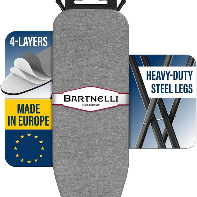 Bartnelli by Rorets Ironing Board Made in Europe | Iron Board with 4 Layered Cover & Pad, Height Adjustable up to 36" Features A Safety Iron Rest, 4 Steel Legs, for Laundry Room or Dorm Use (43x13)