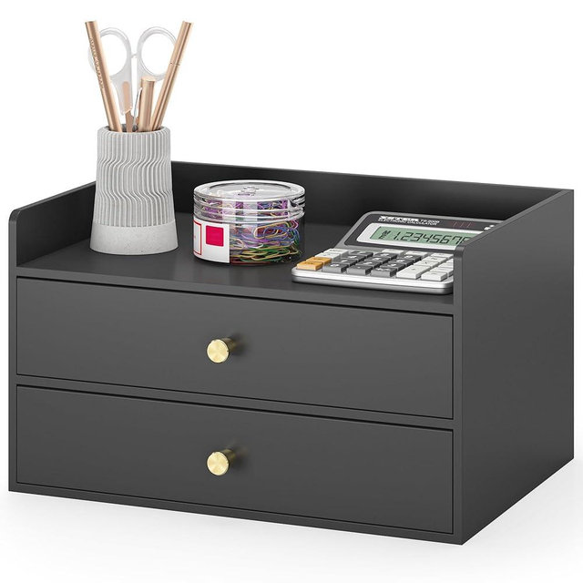 Bamboo Desk Organizer with Drawers Wooden Desktop Storage Organization Box for Bills Office Supplies Kitchen Utensils Organizing Tool for Home Classroom Vanity, No Assembly Required (2 Drawers, Black)