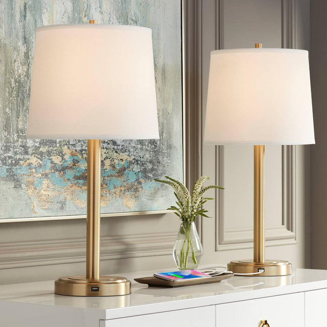 360 Lighting Camile Modern Table Lamps 25" High Set of 2 Brass Metal with USB Charging Port Oatmeal Drum Shade for Bedroom Living Room Bedside Desk