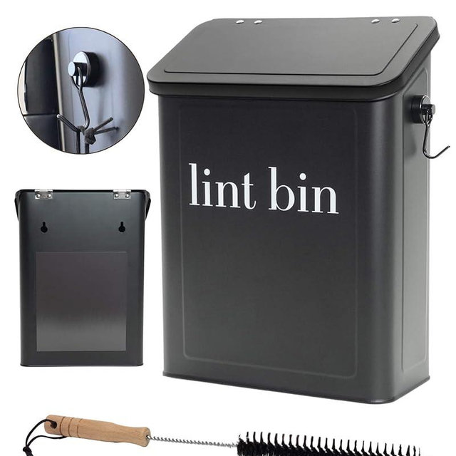 Magnetic Lint Bin for Laundry Room with Brush & Magnetic Hook, Matte Black, Lint Trash Can for Laundry Room with lid, Modern Laundry Lint Bin, Dryer Lint Bin for Laundry Room Magnetic