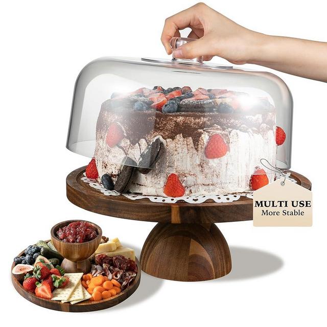 Fyctio Acacia Wood Cake Stand with Lid,12in Round Acrylic Cake Stand with Dome,2-In-1 Reversible Charcuterie Board with Lid,Large Wooden Baked Goods Display Holder,Perpare For Dessert,Cheese,Chips,Cookie