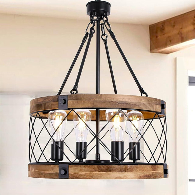 4-Light Solid Wood Farmhouse Chandelier for Dining Room,18'' Rustic Wooden Chandelier with Metal Linear Frame Adjustable Pendant Light Fixtures for Living Room, Kitchen Island, Entryway