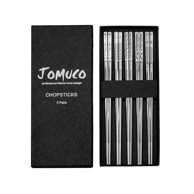 5 Pairs Stainless Steel Chopsticks JOMUCO Reusable Metal Chopsticks Dishwasher Safe Laser Engraved Pattern Chinese Korean Japanese Chopsticks Gift Set Easy to Use and Clean (Silver)