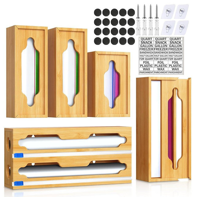 YITOBA 6 In 1 Bag Storage Organizer with Foil and Plastic Wrap Organizer, Extended Aluminum Foil Dispenser, Bamboo Baggie Organizer for Drawer, Sandwich Bag Organizer for Gallon, Quart, Snack