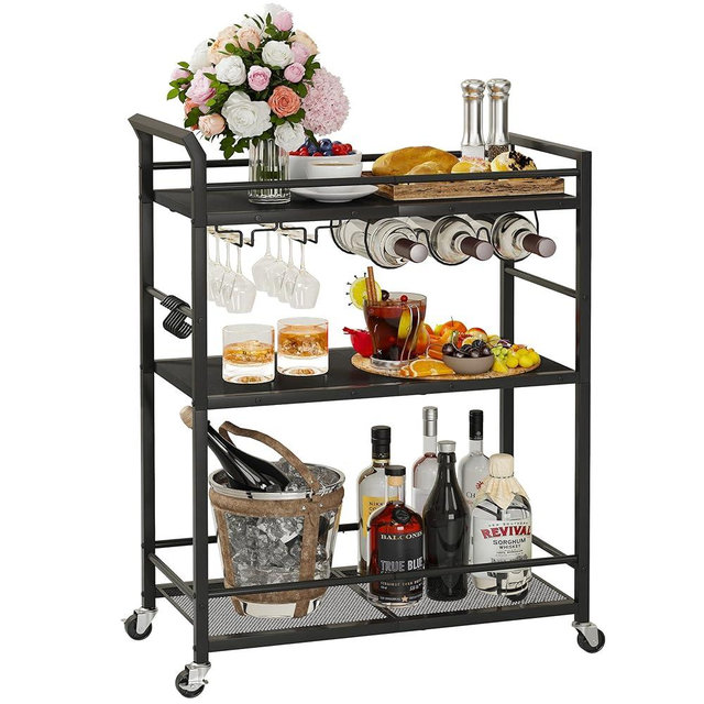 YAUKTAK 3 Tier Bar Cart for Home, Black Bar Cart with Wheels, Small Rolling Beverage Cart with Glass Holders, Liquor Cart with Wine Rack, Drink Cart for Kitchen Dining Living Room Black GBC507B