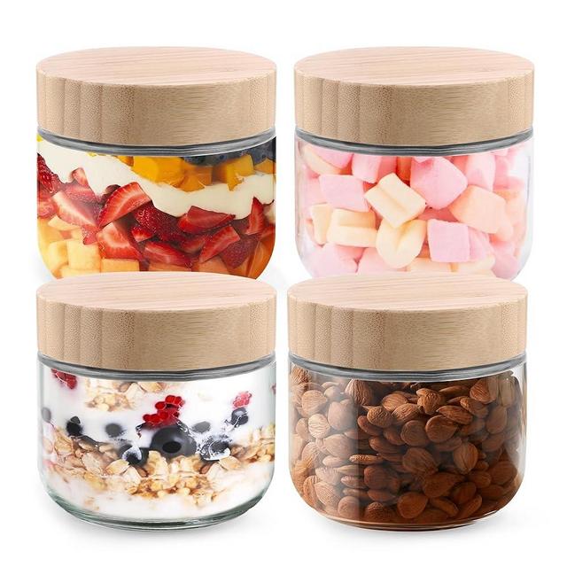 Glass jar with Bamboo lids, 10oz Overnight Oats Containers with lids, Glass Mason jars, Reusable Meal Prep Jars with Airtight Lids for Food Yogurt Snacks Storage(4PACK)