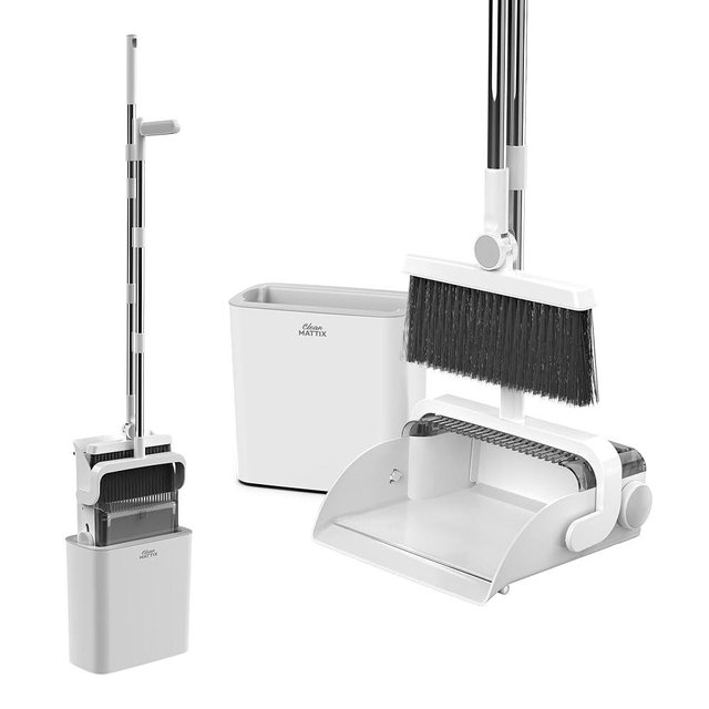 DustDockPro: Broom and Dustpan Set with Trashcan - Long Handle Upright Dust Pan with Teeth Comb, Angled Bristles for Pet Hair Removal, Compact Cleaning Kit for Kitchen Home Tiles Hard Floors