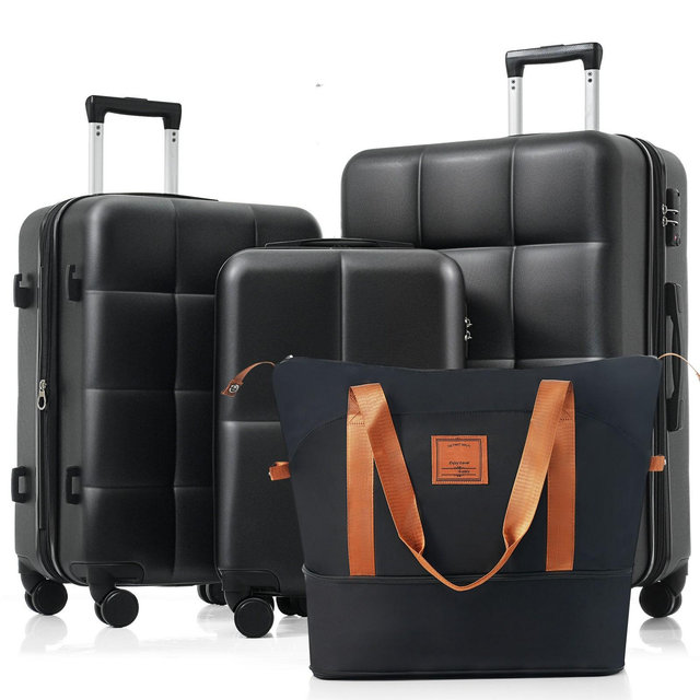 ModernLuxe Hardshell Luggage Set - 20/24/28 Inch ABS Suitcases with Travel Bag, Cup Holder, Spinner Wheels & Side Hooks​, Black
