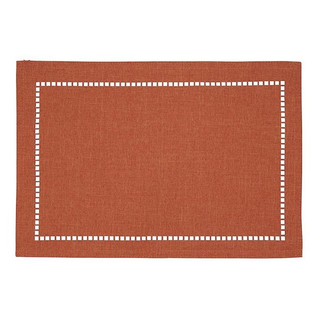 SARO LIFESTYLE Hadleigh Collection Laser-Cut Hemstitch Placemats (Set of 4), 13" x 19", Rust