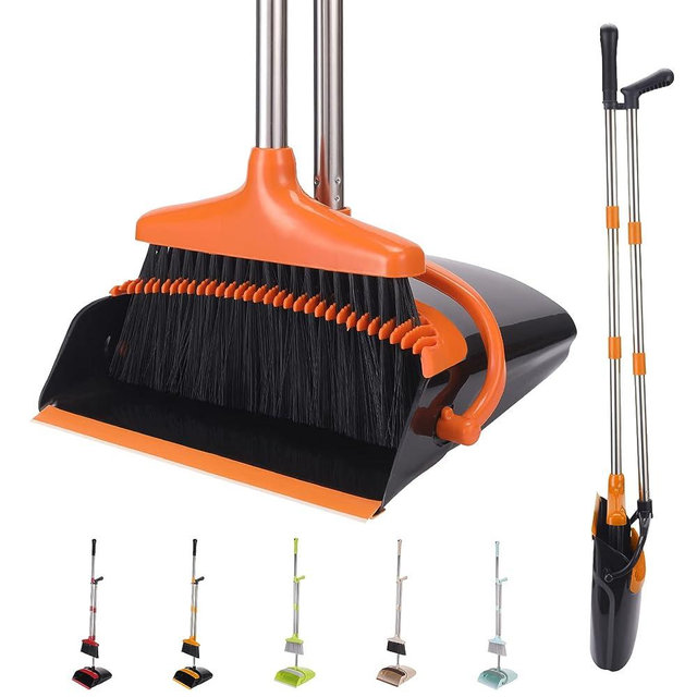 XXXFLOWER Broom and Dustpan Set with Long Handle, Light Weight Stainless Steel Poles Stand Upright Dustpans with Broom Combo for Home Kitchen Office Pet Dog Hair, Black & Orange Color, 1-Pack