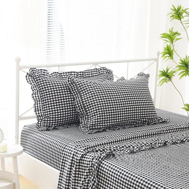 K MASANIJI Black White Plaid Ruffle Sheets King Size 4-Piece Set, 300TC 100% Yarn Dyed Cotton Sheets 18 in Deep Pocket Classic Gingham Decorative Bedding (Black/White Plaid, King)
