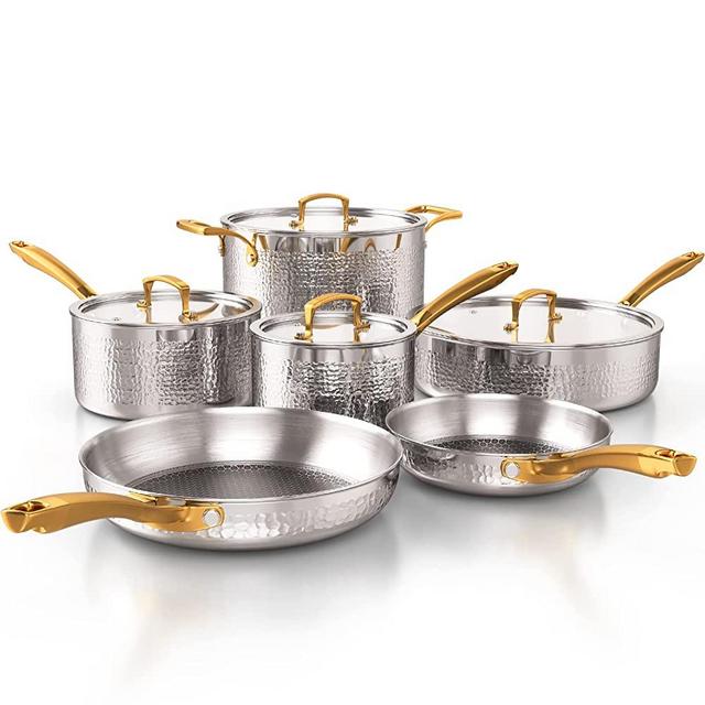 Homaz life Pots and Pans Set, Tri-Ply Stainless Steel Hammered Kitchen Cookware, Induction Compatible, Dishwasher and Oven Safe, Non-Toxic, Professional Grade Cooking Sets, 10-Piece, Sliver