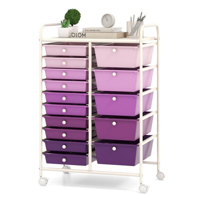 COSTWAY 15-Drawer Rolling Storage Cart, Mobile Utility Cart with Heavy-duty Frame & Lockable Wheels, Multipurpose Storage Organizer for Paper, Office, School, Purple Gradient