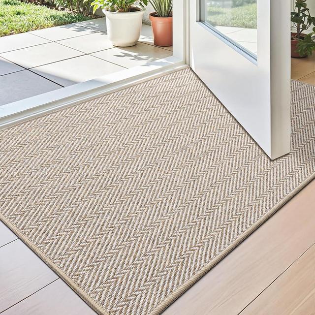 LUMI Ultra Thin Indoor Door Mat for Entrance 24"x36", Non Slip Entryway Mat, Low Profile Doormat, Unique Herringbone Design Carpet for Inside, Patio, Porch, Beige