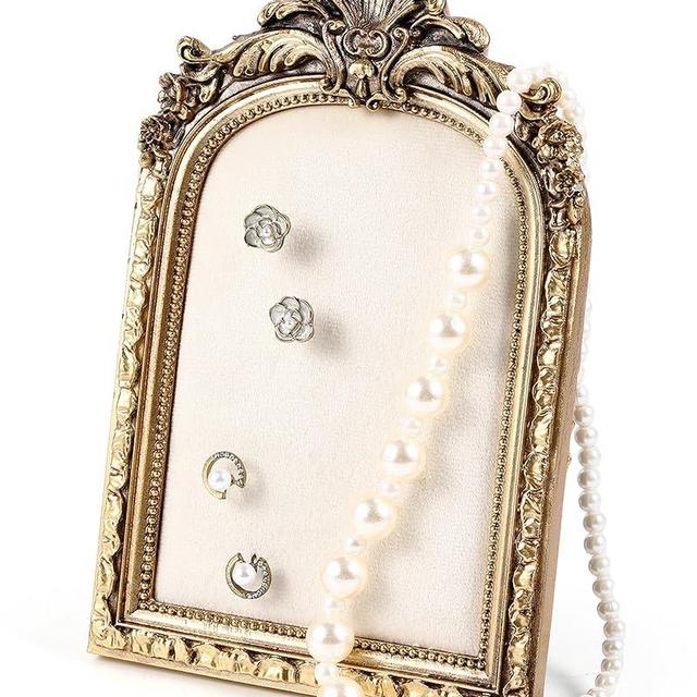 Wonderjune Gold Jewelry Display Holder Vintage Necklace Stand Earring Tray Resin Jewelry Photography Props Frame Organizer with Velvet Backing for Women Gifts