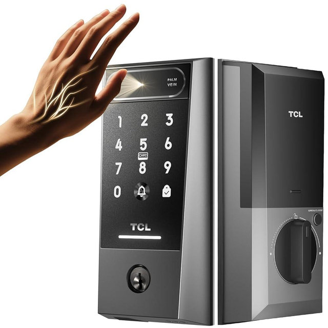 TCL D2 Pro Smart Lock with Palm Vein Recognition, Wi-Fi Keyless Entry Deadbolt Door Lock, Built-in Doorbell, IP55 Waterproof, 10000mAh Rechargeable Battery, Auto Lock for Front Door (Dark Grey)