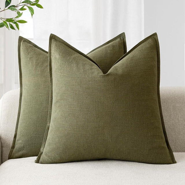 Foindtower Pack of 2, Decorative Linen Soild Throw Pillow Covers Soft Accent Cushion Case Boho Farmhouse Pillowcase for Chair Couch Sofa Bedroom Living Room Home Decor 26 x 26 Inch Olive Green