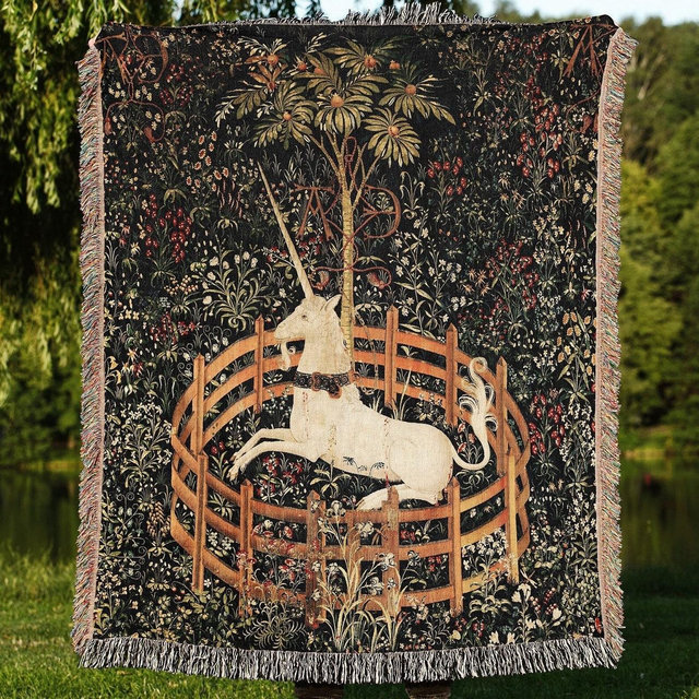 Medieval Unicorn Woven Throw Blankets: Unicorn In Captivity Tapestry, Dark Art And Corragecore Decor, Vintage Captive Unicorn Wall Tapestry