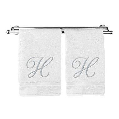 Monogrammed Hand Towel, Personalized Gift, 16 x 30 Inches - Set of 2 - Silver Embroidered Towel - Extra Absorbent 100% Turkish Cotton- Soft Terry Finish - For Bathroom, Kitchen and Spa- Script H White