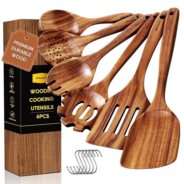Wooden Spoons for Cooking, 6PCS Teak Wood Cookware Utensil Set with Hooks - Smooth Finish, Non-Stick, Comfortable Grip, Heat Resistant Kitchen Utensils