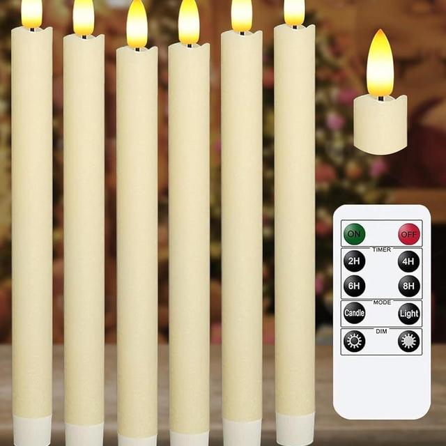Upgraded Real Wax LED Flameless Taper Candles with Remote, KSWING 6 PCS Ivory Candlesticks Battery Operated 3D Flickering - 9.6" Long Realistic Fake Candle Sticks for Home/Wedding/Fireplace Xmas Decor