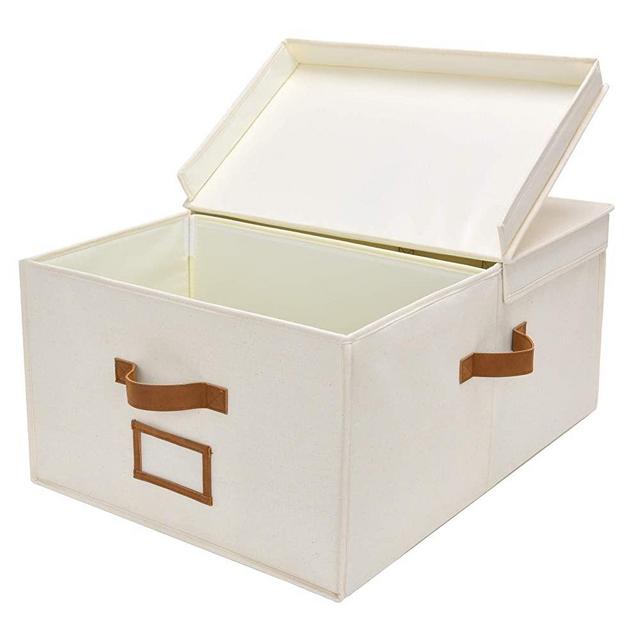 StorageWorks 65L Storage Bin, Decorative Closet Storage Box with Double-Open Lid, Divider Board and 3 PU Handles, Hand Wash, Canvas, Ivory White, Jumbo