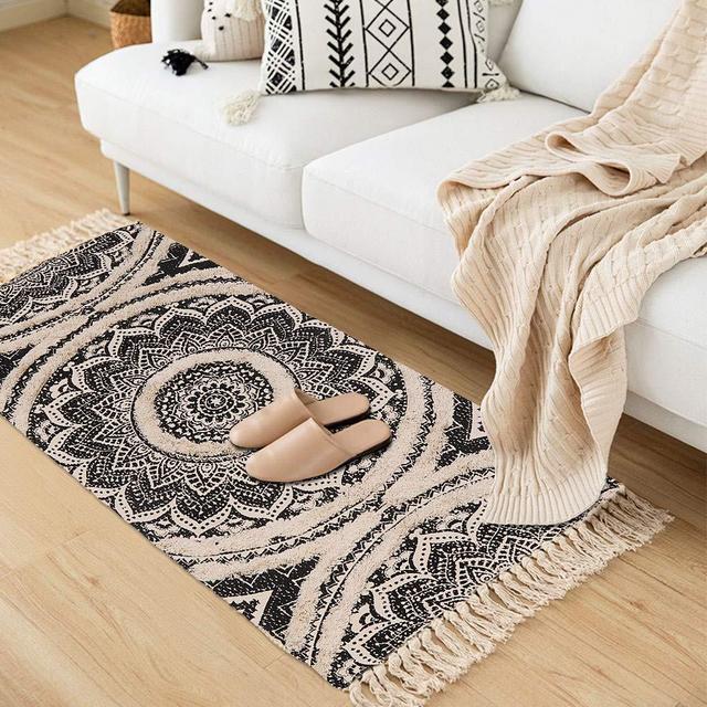 Seavish Tufted Cotton Rug,2X 4.4 Black Mandala Boho Rug, Hand Woven Bohemian Runner Throw Rugs, Shag Accent Fringe Tassel Rug for Bedroom Bedside Kitchen, Laundry Room Rug