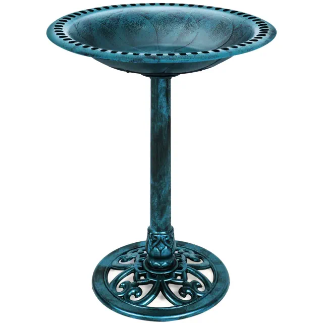 Best Choice Products Outdoor Rustic Pedestal Bird Bath Accent for Garden, Yard w/ Fleur-de-Lis Accents - Peacock Blue