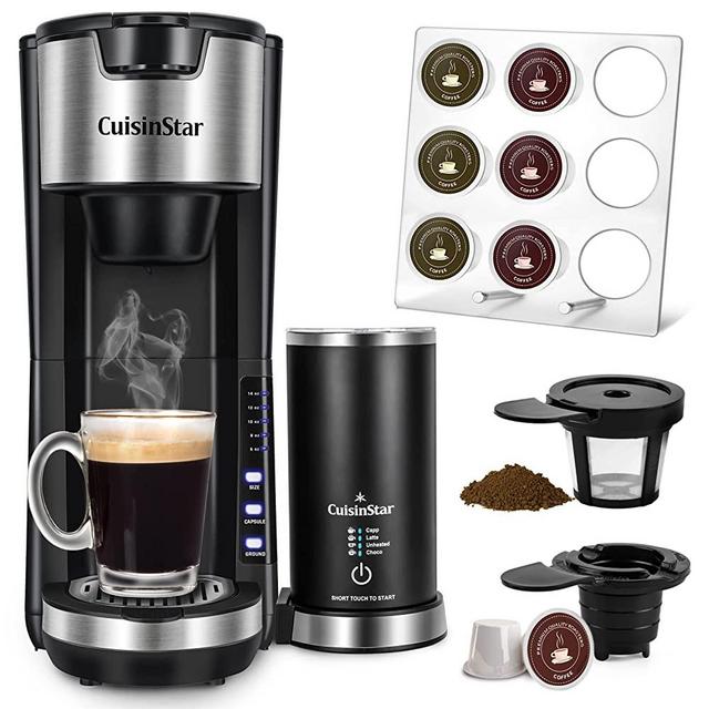 CuisinStar Coffee Maker With Milk Frother, 2 In 1 Single Serve Coffee Machine for K Cup Pod and Ground Coffee, Fast Single Cup Latte Cappuccino Coffee Brewer, Portable Coffee Makers with Coffee Pod Holder Organizer