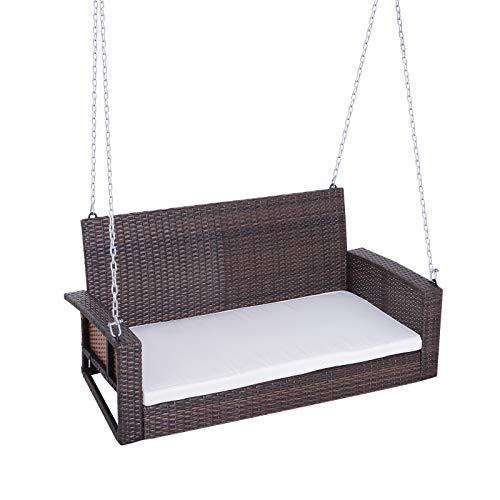 Outsunny 2-Person Wicker Hanging Porch Swing Bench Outdoor Chair with Cushions, Cream White