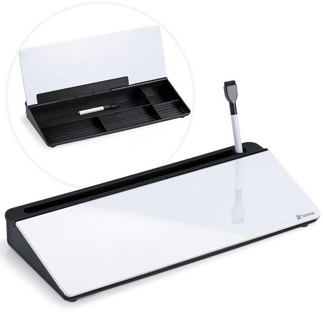 Varhomax Glass Desk Whiteboard with Storage, Desktop Dry Erase White Board to-do List Memo Keyboard Stand for Home Office and School Supplies (Black&White)