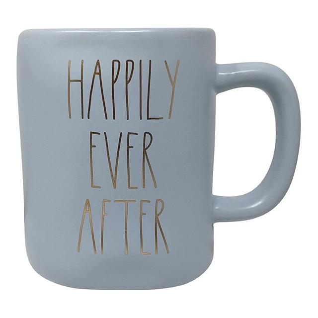 Rae Dunn Ceramic Coffee/Tea Mugs (Happily Ever After/Light Blue with Gold Font)