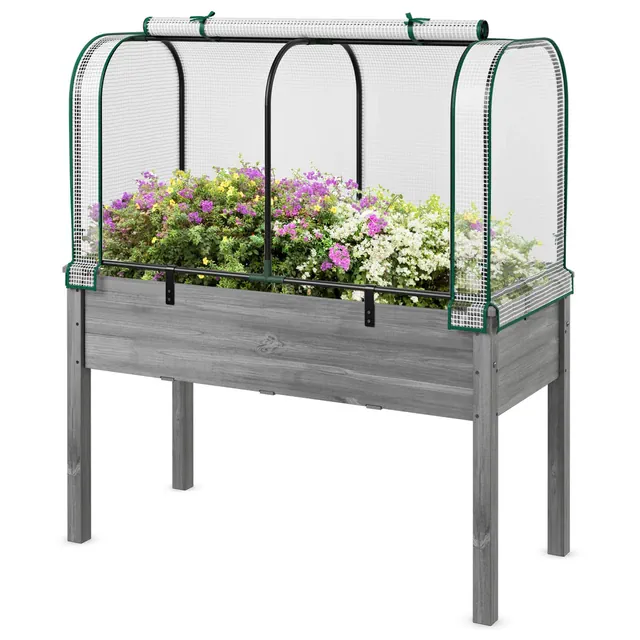 Costway Wood Raised Garden Bed with Greenhouse Cover Mini Portable Greenhouse Kit White+Gray