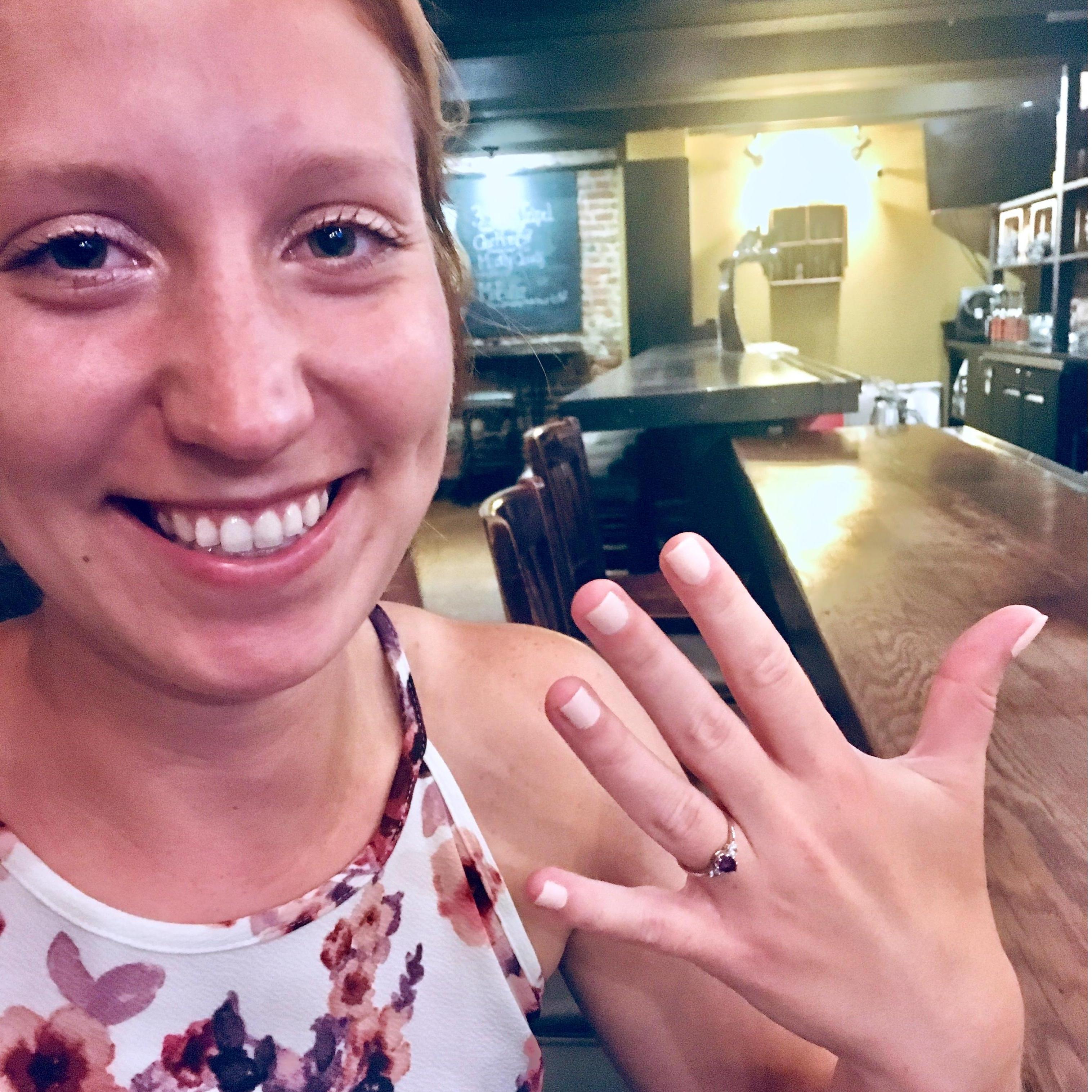 Nick proposed in Philly on July 2nd, 2019. It was an intimate evening, and we got POURED on - here's Sarah flashing the rock after we got out of the rain and (mostly) dried off.