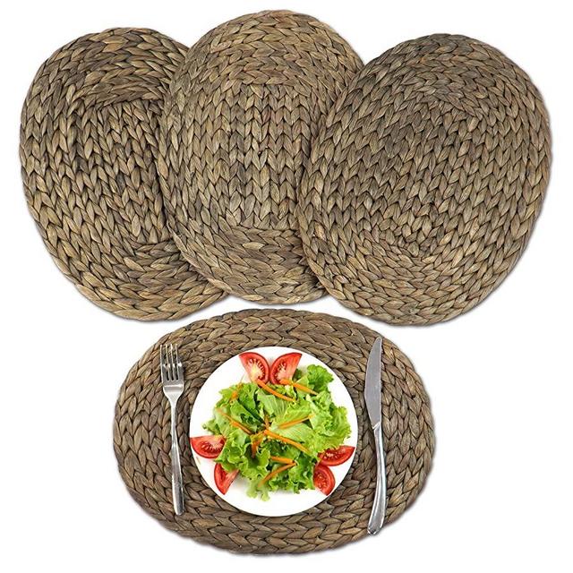 Placemats Oval Hyacinth Rustic Table Placemat Set of 4, Woven Natural Placemats Handmade Boho Placemat for Dining, Kitchen, Home Decor, Heat Resistant (Black)