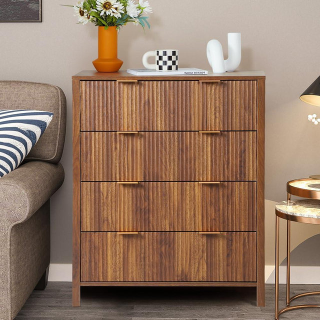 Mid-Century 4 Drawers Bedside Table Storage Cabinet, Modern Nightstand with 4 Drawer and Solid Wood Legs, Contemporary Tall Dresser, Mid Century Nightstand with 4 Drawer Dresser for Bedroom (Walnut)