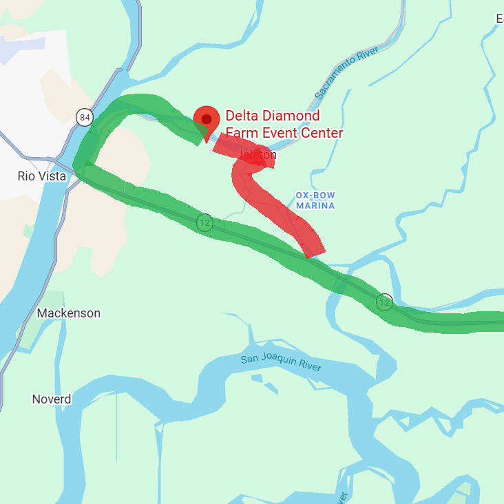 After coming off of I-5. We advise you take Highway 12 up to Rio Vista Bridge and turn right onto River Road to get to the venue. ESPECIALLY those travelling with trailers.