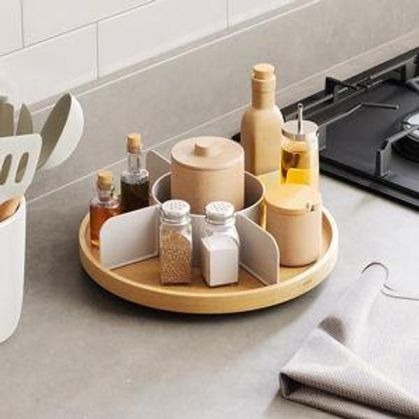 Umbra Bellwood Lazy Susan Divided Tray Organizer for Pantry Spices and More, Made of Durable Plastic and Wood, Natural/White
