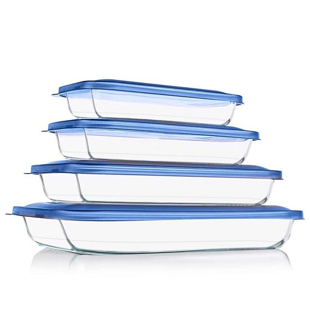 KOMUEE 8-Pieces Glass Baking Dish with Lids Rectangular Glass Baking Pan Bakeware Set with BPA Free Lids, Baking Pans for Lasagna, Leftovers, Cooking, Kitchen, Fridge-to-Oven,Blue