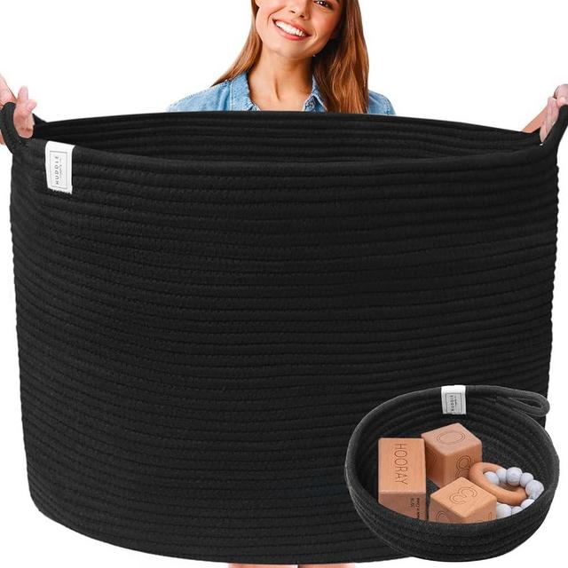 XXXXL WASHABLE Large Black Basket Blanket Basket Living Room 2PCs Toy Baskets Storage Kids Woven Rope XXX Extra Large Basket for Blankets,Pillows,Throws,Laundry + Small Basket | BIG Basket Blanket Storage Basket (Black)