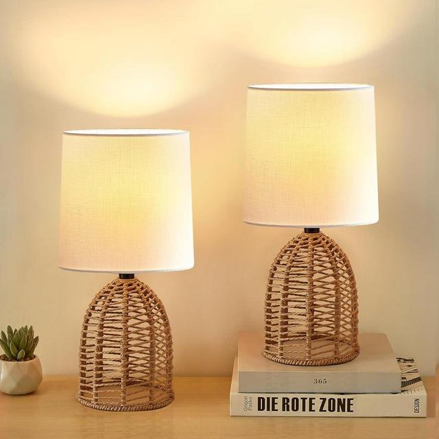 EJIAXIN Rattan Lamp Boho Lamps Set of 2 - Mini Farmhouse Table Lamp Rustic End Table Decorative Small Lamps for Small Spaces Bedroom Nightstand Living Room Reading Desk Side Table Lamp