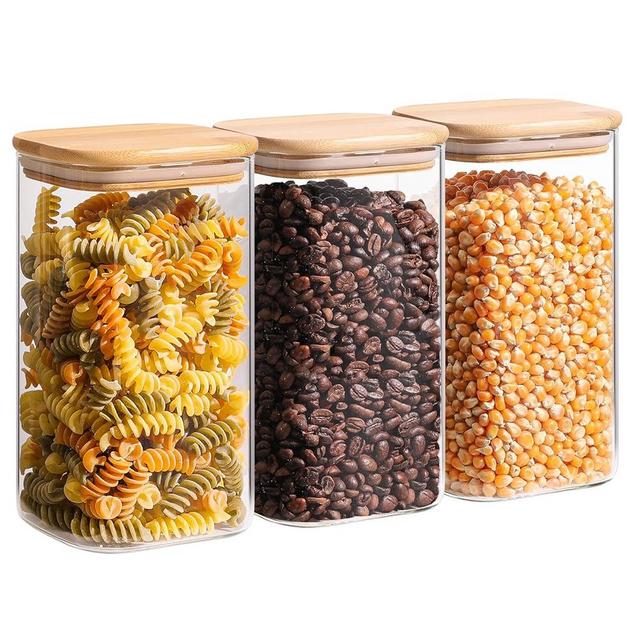 ComSaf 45oz Glass Storage Containers with Lids, Glass Jars with Bamboo Lids, Clear Food Storage Jar, Square Glass Canister Set of 3, Pantry Organizers and Storage for Flour Oat Pasta Tea Coffee Bean